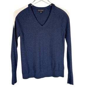 BANANA REPUBLIC Women's XS V-Neck Fine Merino Sweater Navy with ivory Stripe